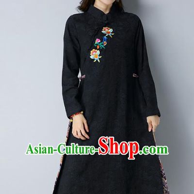 Traditional Chinese National Costume Hanfu Embroidered Black Qipao Dress, China Tang Suit Cheongsam for Women
