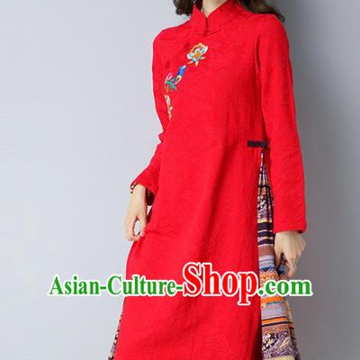 Traditional Chinese National Costume Hanfu Embroidered Red Qipao Dress, China Tang Suit Cheongsam for Women