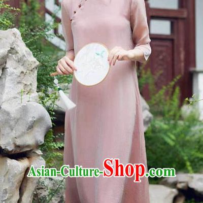 Traditional Chinese National Costume Hanfu Slant Opening Pink Qipao Dress, China Tang Suit Cheongsam for Women