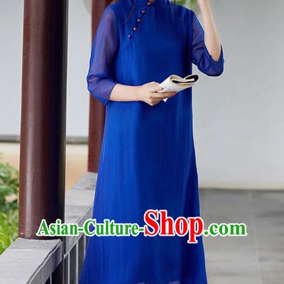 Traditional Chinese National Costume Hanfu Slant Opening Blue Qipao Dress, China Tang Suit Cheongsam for Women