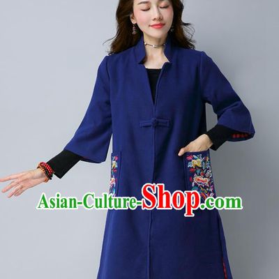 Traditional Chinese National Costume Hanfu Embroidered Blue Coat, China Tang Suit Woolen Dust Coat for Women
