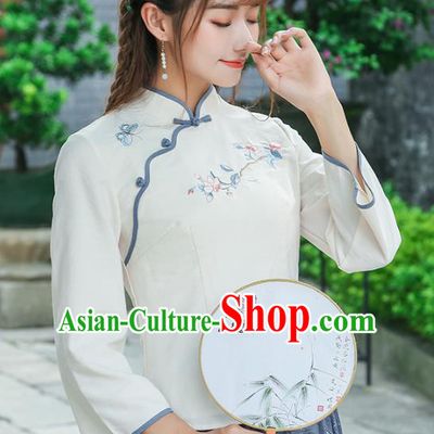 Traditional Chinese National Costume Hanfu Embroidery White Blouse, China Tang Suit Cheongsam Upper Outer Garment Shirt for Women