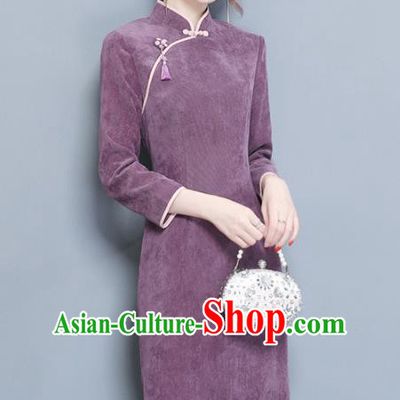Traditional Chinese National Costume Hanfu Purple Qipao Dress, China Tang Suit Cheongsam for Women
