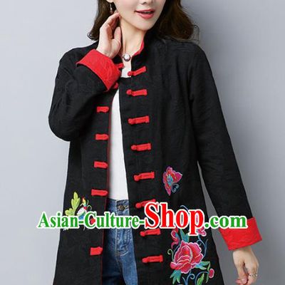 Traditional Chinese National Costume Hanfu Plated Buttons Black Embroidered Coats, China Tang Suit Coat for Women