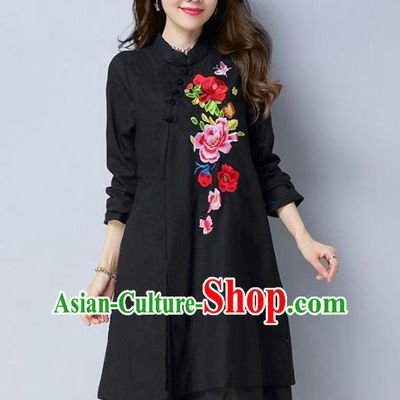Traditional Chinese National Costume Hanfu Embroidered Black Qipao Dress, China Tang Suit Cheongsam for Women