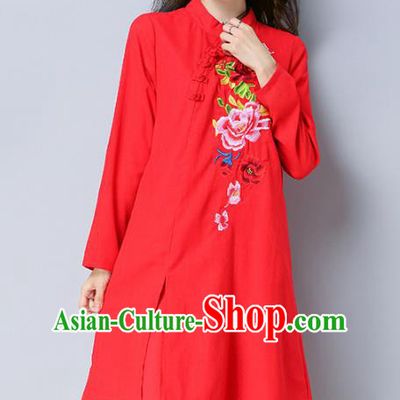 Traditional Chinese National Costume Hanfu Embroidered Red Qipao Dress, China Tang Suit Cheongsam for Women