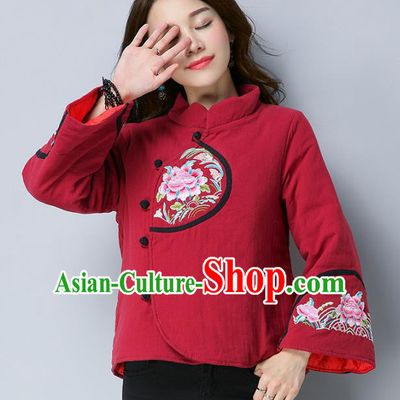 Traditional Chinese National Costume Hanfu Embroidered Peony Cotton-padded Jacket, China Tang Suit Red Coat for Women