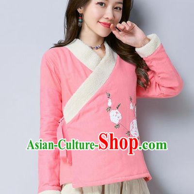 Traditional Chinese National Costume Hanfu Slant Opening Pink Blouse, China Tang Suit Cheongsam Upper Outer Garment Shirt for Women