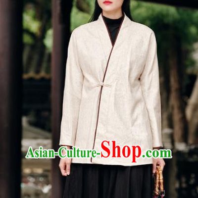 Traditional Chinese National Costume Hanfu Slant Opening White Blouse, China Tang Suit Cheongsam Upper Outer Garment Shirt for Women