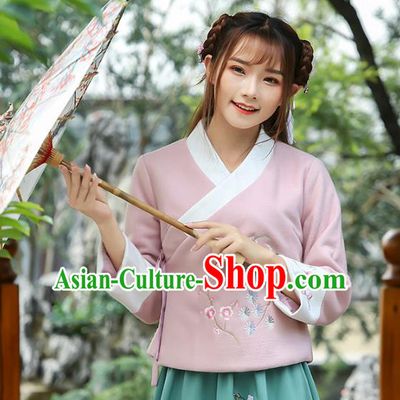 Traditional Chinese National Costume Hanfu Embroidery Pink Blouse, China Tang Suit Cheongsam Upper Outer Garment Shirt for Women