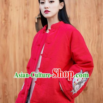 Traditional Chinese National Costume Hanfu Embroidered Red Cotton-padded Jacket, China Tang Suit Red Coat for Women