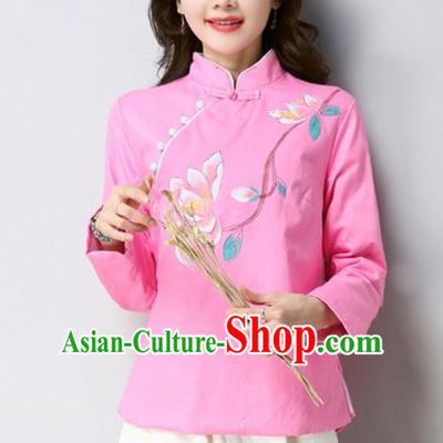Traditional Chinese National Costume Hanfu Printing Magnolia Pink Qipao Blouse, China Tang Suit Cheongsam Shirts for Women