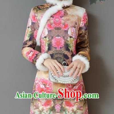 Traditional Chinese National Costume Hanfu Printing Peony Qipao Dress, China Tang Suit Cheongsam for Women