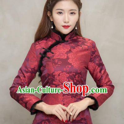 Traditional Chinese National Costume Hanfu Printing Purplish Red Blouse, China Tang Suit Cheongsam Upper Outer Garment Shirt for Women