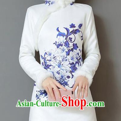 Traditional Chinese National Costume Hanfu Printing Lily Flower Qipao Dress, China Tang Suit Cheongsam for Women