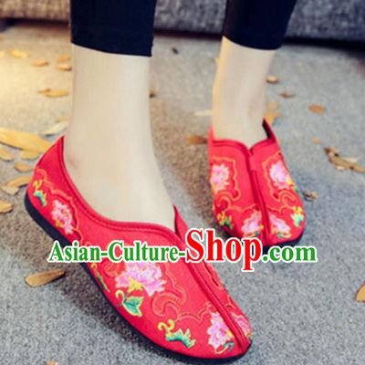 Traditional Chinese National Hanfu Embroidery Peony Red Shoes, China Ancient Embroidered Shoes for Women