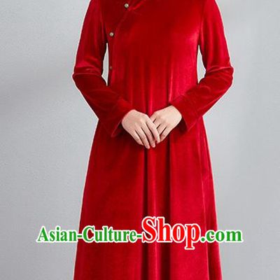 Traditional Chinese National Costume Hanfu Red Velvet Qipao, China Tang Suit Cheongsam Dress for Women