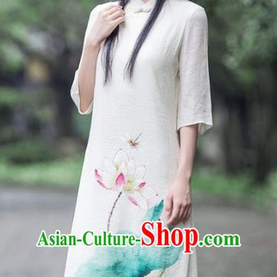 Traditional Chinese National Costume Hanfu White Linen Painting Lotus Qipao, China Tang Suit Cheongsam Dress for Women