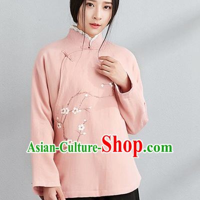 Traditional Chinese National Costume Hanfu Painting Wintersweet Pink Blouse, China Tang Suit Cheongsam Upper Outer Garment Shirt for Women
