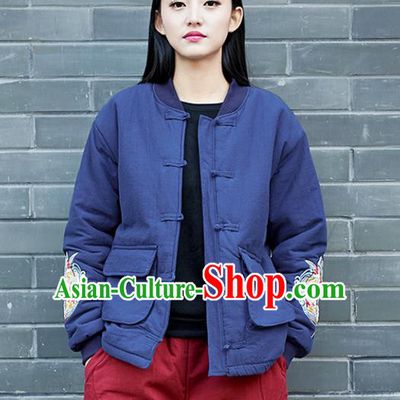 Traditional Chinese National Costume Hanfu Embroidered Blue Cotton-padded Jacket, China Tang Suit Coat for Women