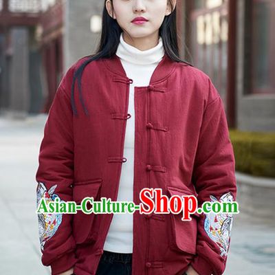 Traditional Chinese National Costume Hanfu Embroidered Red Cotton-padded Jacket, China Tang Suit Coat for Women