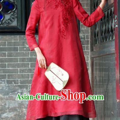 Traditional Chinese National Costume Hanfu Red Linen Embroidered Qipao, China Tang Suit Cheongsam Dress for Women