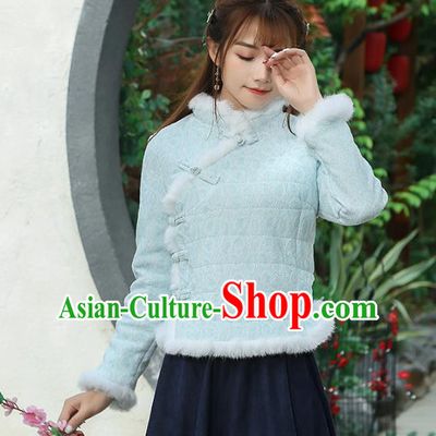 Traditional Chinese National Costume Hanfu Slant Opening Blue Cotton-padded Jacket, China Tang Suit Red Coat for Women