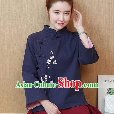 Traditional Chinese National Costume Hanfu Navy Qipao Blouse, China Tang Suit Cheongsam Shirts for Women