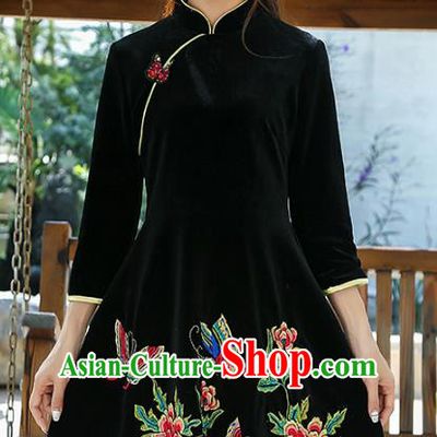 Traditional Chinese National Costume Hanfu Embroidered Peony Butterfly Qipao Dress, China Tang Suit Cheongsam for Women