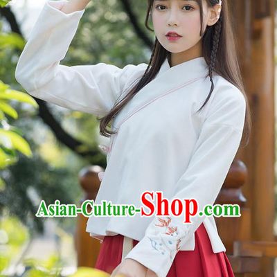 Traditional Chinese National Costume Hanfu Embroidery White Blouse, China Tang Suit Cheongsam Upper Outer Garment Shirt for Women