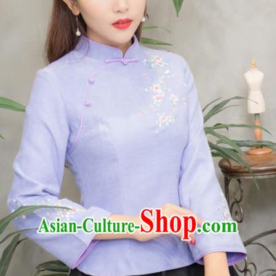 Traditional Chinese National Costume Hanfu Purple Embroidered Blouse, China Tang Suit Cheongsam Upper Outer Garment Shirt for Women