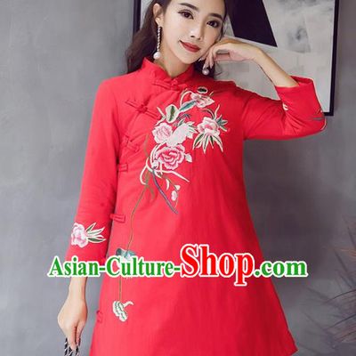 Traditional Chinese National Costume Hanfu Red Embroidered Qipao Dress, China Tang Suit Cheongsam for Women