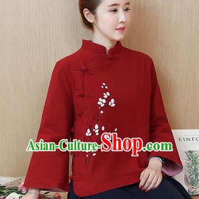 Traditional Chinese National Costume Hanfu Red Qipao Blouse, China Tang Suit Cheongsam Shirts for Women