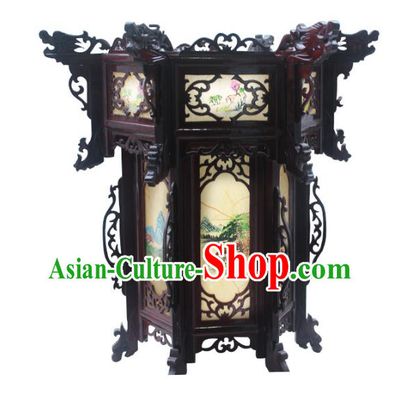 Traditional Chinese Handmade Printing Grass Hexagon Lantern Classical Palace Lantern China Wood Carving Ceiling Palace Lamp