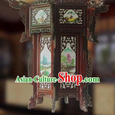 Traditional Chinese Handmade Printing Sheepskin Hexagon Lantern Classical Palace Lantern China Wood Carving Ceiling Palace Lamp