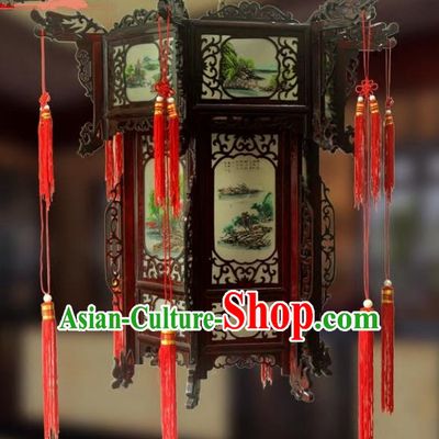 Traditional Chinese Handmade Landscape Painting Lantern Classical Wood Palace Lantern China Ceiling Palace Lamp