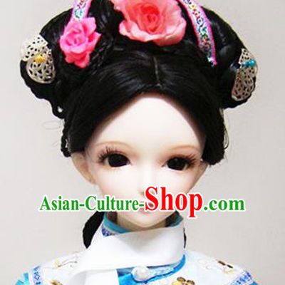 Traditional Handmade Chinese Ancient Qing Dynasty Manchu Princess Hair Accessories Hairpins and Wig Complete Set for Women