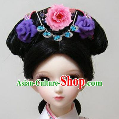 Traditional Handmade Chinese Ancient Qing Dynasty Manchu Palace Lady Hair Accessories Hairpins and Wig Complete Set for Women