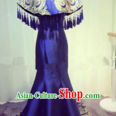Chinese Style Wedding Catwalks Costume Wedding Bride Embroidery Trailing Full Dress Compere Cheongsam for Women