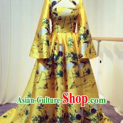 Chinese Style Wedding Catwalks Costume Wedding Bride Yellow Trailing Full Dress Compere Cheongsam for Women