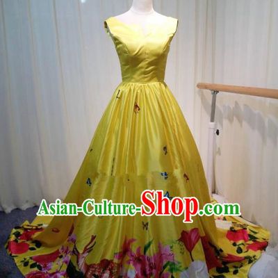 Chinese Style Wedding Catwalks Costume Wedding Trailing Yellow Full Dress Compere Cheongsam for Women