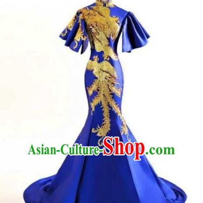 Chinese Style Wedding Catwalks Costume Wedding Trailing Blue Full Dress Compere Embroidered Cheongsam for Women