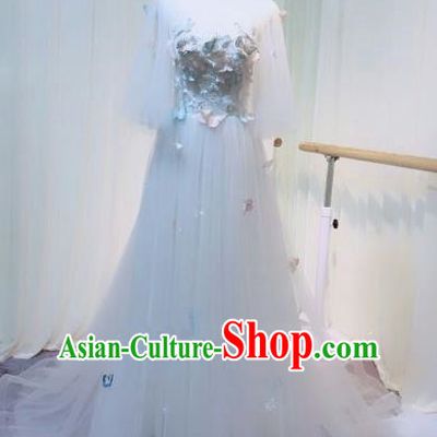 Chinese Style Wedding Catwalks Costume Wedding Bride White Veil Full Dress Compere Clothing for Women