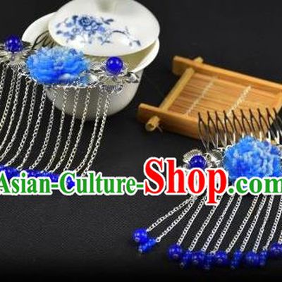 Traditional Handmade Chinese Hair Accessories Hairpins Blue Beads Tassel Hair Stick Headwear for Women