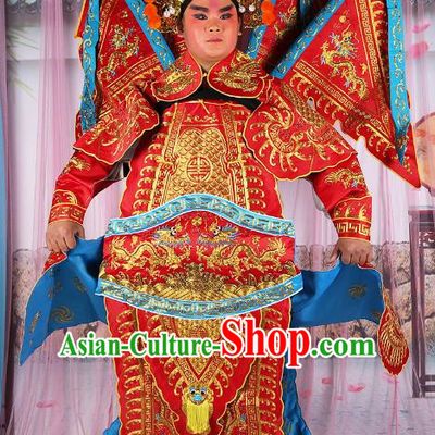 Chinese Beijing Opera General Red Embroidered Costume, China Peking Opera Military Officer Embroidery Gwanbok Clothing