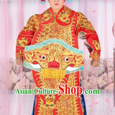Chinese Beijing Opera General Costume Red Embroidered Robe, China Peking Opera Officer Embroidery Gwanbok Clothing