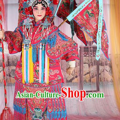 Chinese Beijing Opera Female General Costume Embroidered Rosy Armour, China Peking Opera Blues Embroidery Gwanbok Clothing