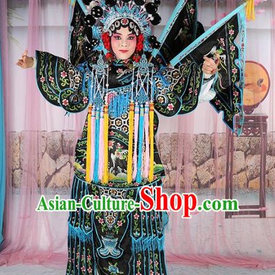 Chinese Beijing Opera Female General Costume Embroidered Black Robe, China Peking Opera Blues Embroidery Gwanbok Clothing