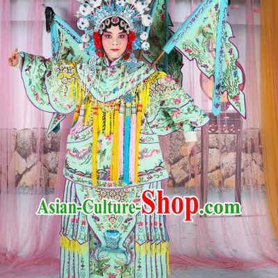 Chinese Beijing Opera Female General Costume Light Green Embroidered Robe, China Peking Opera Blues Warrior Embroidery Gwanbok Clothing