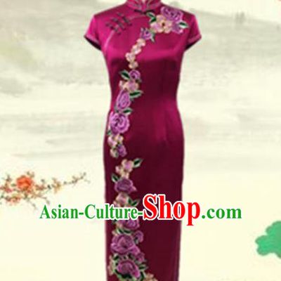 Traditional Chinese National Costume Mandarin Qipao, Tang Suit Chirpaur Embroidered Rosy Silk Cheongsam Clothing for Women